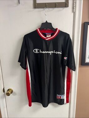 Vintage Champion Black & Red Short Sleeve Athletic Jersey Mens XL